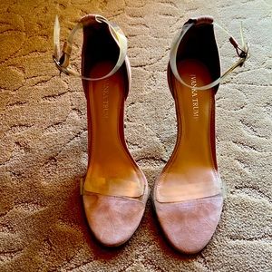 Clear plastic and Suede size 8 M, 3.5 in heel.